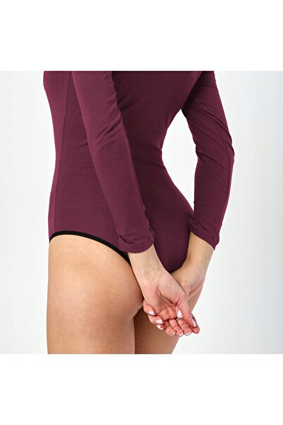 NO BRAND Body damă din bumbac elegant cu mânecă lungă bordo M