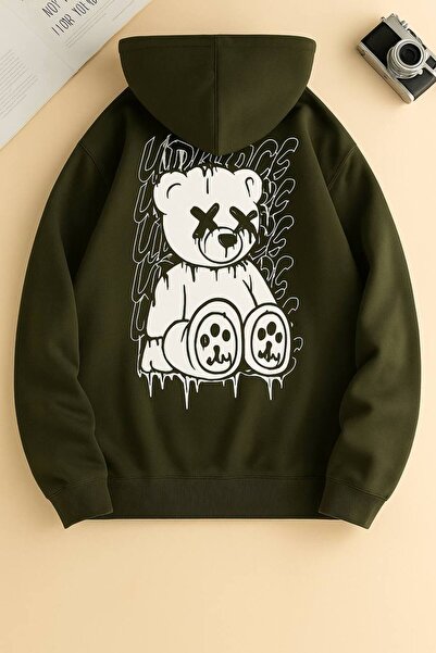 JANTIL MODA Unisex Oversize 3 Thread Yarn Kangaroo Pocket "Teddy Bear" Printe...