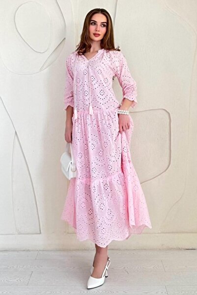 ELBEE Pink Lined High Collar Embroidered Dress