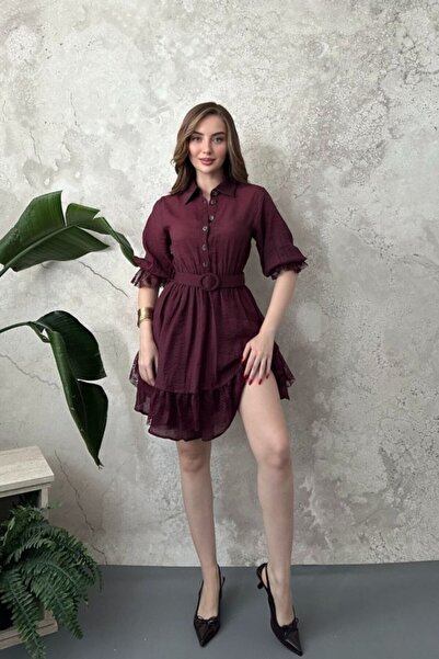Generic Brand Rochie din dantelă cu petice în față, de culoare burgundy