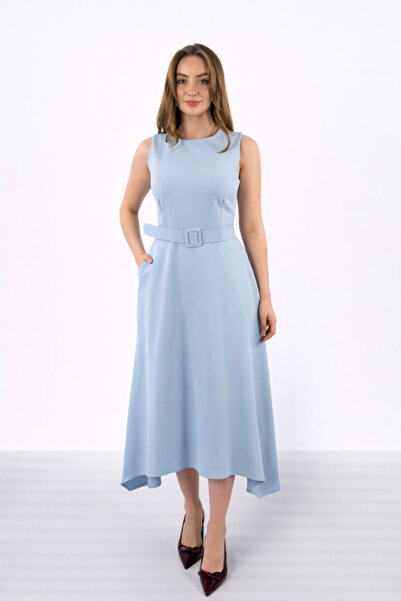 ELBEE Baby blue asymmetrical hem atlas dress