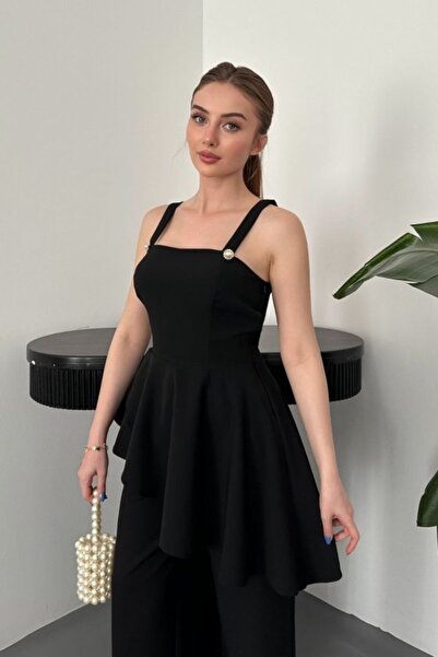 Generic Brand Black Flounce Blouse and Pants Set