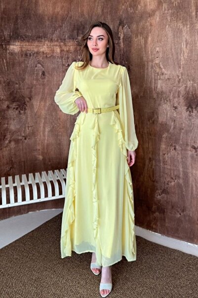 Elbee Fashion Woman Yellow Belted Chiffon Dress