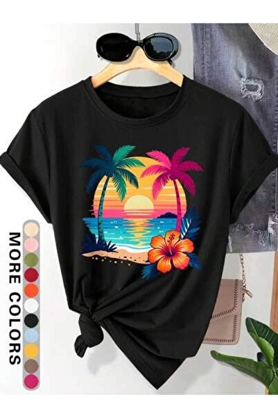 4CR Plus Size- Women'S Elegant Short Sleeve Sunset Coconut Tree Hibiscus Flow...