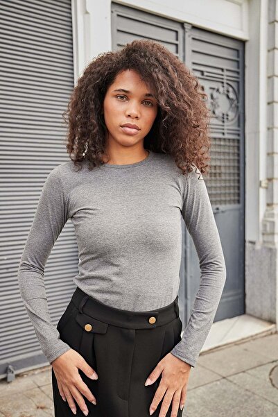 Jument Women's Stretchy Cotton Fabric Crew Neck Long Sleeve Body Blouse-Anthr...