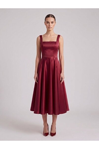 Tangül&Ali'S Moda Evi Kare Yaka Bordo Midi Elbise