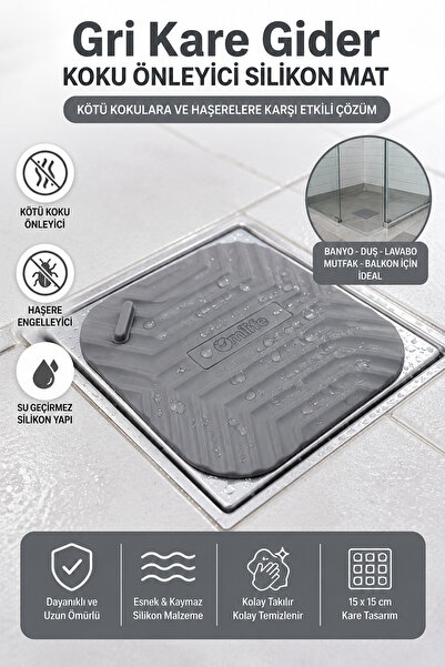 1 ADET Gri Kare Gider Koku Önleyici Silikon Mat 14,5x14,5 cm – Banyo Lavabo Duş Gider Kapağı Haşere Engelleyici