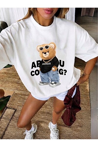 LELVANİ Unisex Street Style Bear Oversized Printed Crew Neck T-Shirt