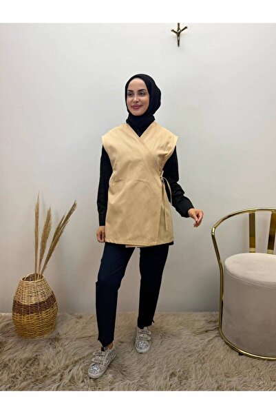 jooq Women's Beige Loose Cut Shawl Collar Sleeveless Long Vest