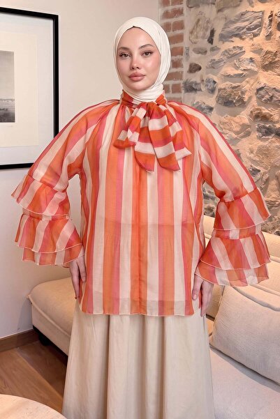Salih Çelebi Striped Flywheel Sleeve Tunic 5402 - Orange