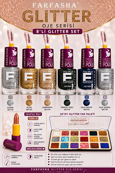 Farfasha Glitter Makyaj Seti Lipstick-Oje-Göz Farı 8'Li Set