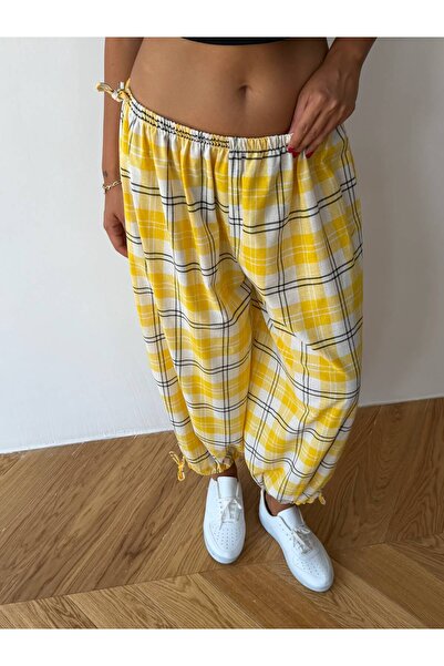 NEW JOURNAL Women's Yellow Lace-Up Plaid Patterned Premium Shalwar Trousers F...