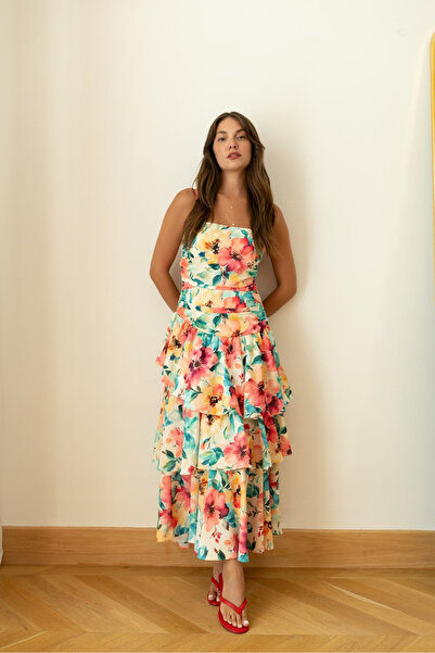 My Blog Multi-Colored Adjustable Strap Floral Patterned Layered Dress - 8310