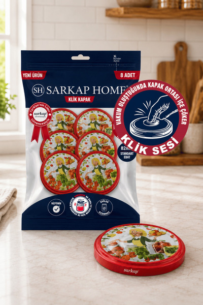 Sarkap Hijyenik Paketli 8'li 82 mm Klik Kavanoz Kapak - Sarı Şef