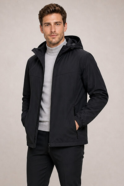 Firststops Men's Black Water-Resistant Windbreaker & Raincoat with Removable ...