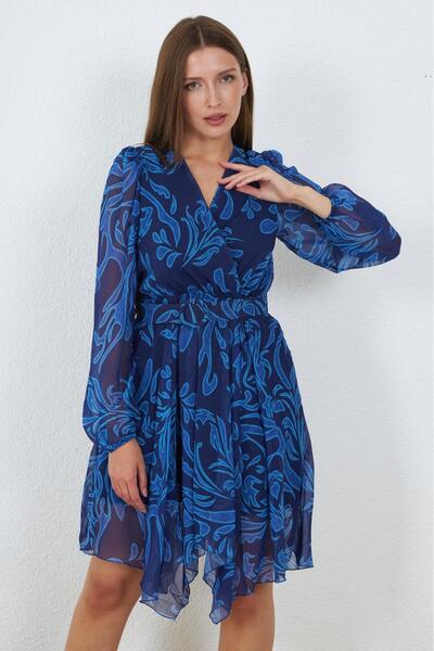 MY GRS Blue Striped Chiffon Short Dress
