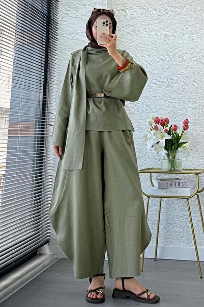 MELEK ARAZ Premium Shawl Collar Shalwar Cut Linen Trousers Set - Khaki