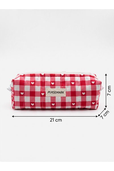 PURSEMARK Red Heart Gingham Patterned Large Zippered Pen Holder – Multi-Purpose Fabric Pencil Case