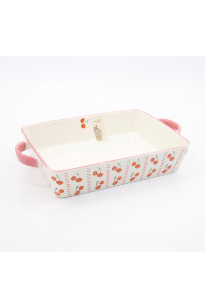MyBalliStore Kiraz Desenli Pembe Kulplu Seramik Fırın Kabı / Borcam 28cm