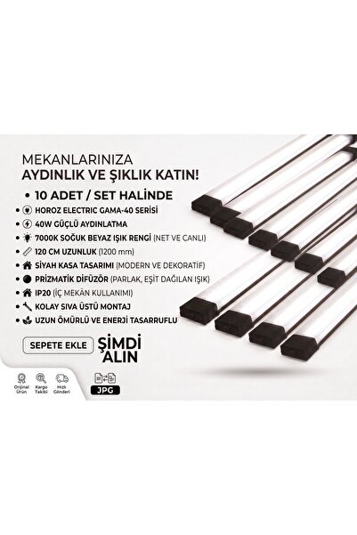 Horoz Gama-40 Siyah 120 cm 40W 7000K LED Bant Armatür 10 Adet