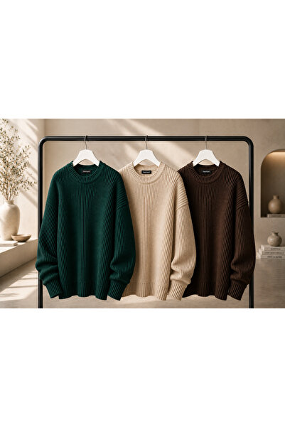 DepoExport Women's 3-Piece Crew Neck Oversize Knitwear Sweater Soft Knitted S...