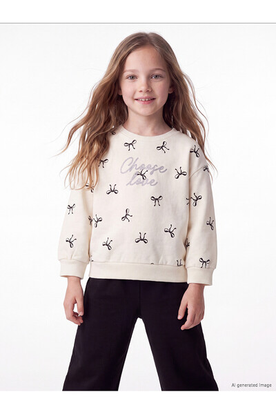 LC Waikiki Lcw Kids Ecru Crew Neck Bow Patterned Girls' Thick Set