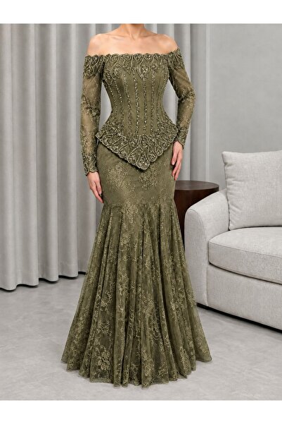 Jood Long Corset Evening Dress with Lace and Rhinestone Embellishments