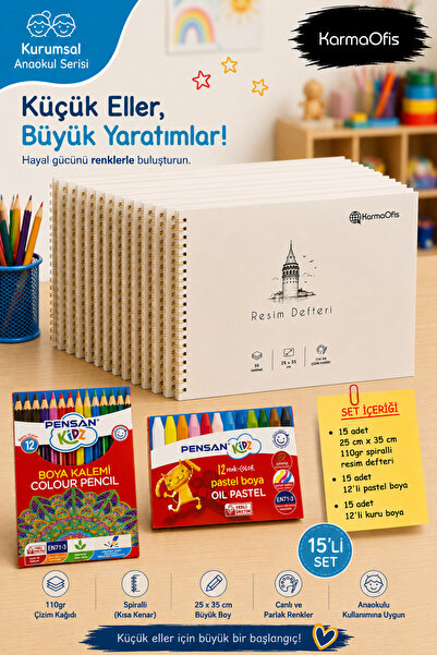 KarmaOfis Kurumsal Anaokul Picture Notebook 12-Piece Pastel and 12-Piece Dry ...