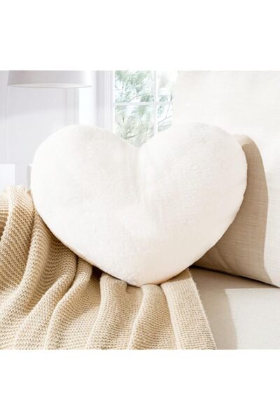 Generic White Heart Pillow,Soft Heart Shaped Pillow with Faux Fur for Bed Sof...