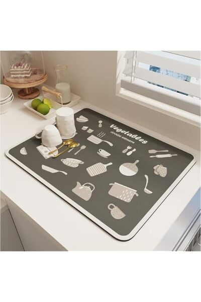 Generic Tazweeq Grey Kitchen Dish Drying Mat, 40x30 CM Super Absorbent Kitche...