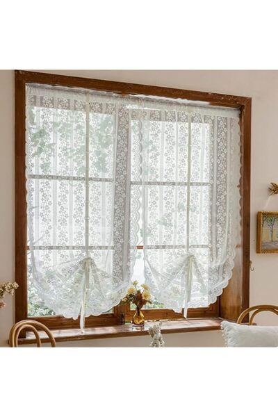 Generic Brand 2 Panels White Lace Curtains, 24x70 Inches Semi Sheer Tie Up Ca...