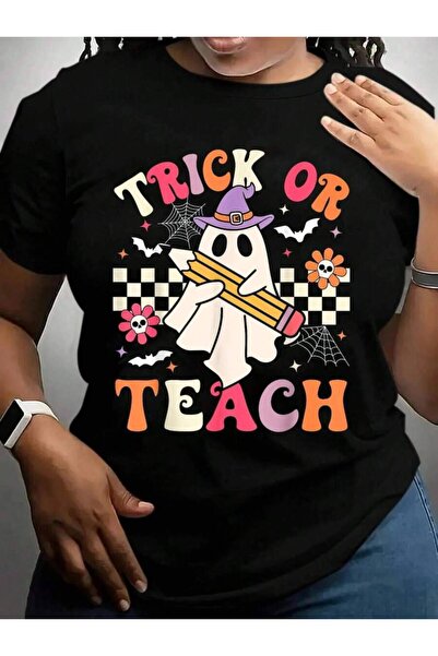 NOURAM تي شيرت Trick Or Teach Groovy Teacher Retro Floral Ghost Halloween Bla...
