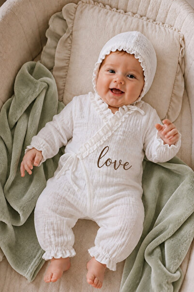 bebeqon 3 Piece 100% Cotton Muslin Ecru Love Printed Ruffled Double Breasted ...