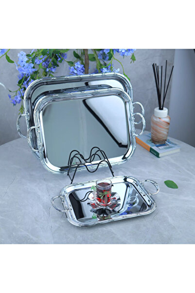 Al Hadaya Mall Stainless Steel Silver Tray Set with Luxury Design - Shiny Sil...
