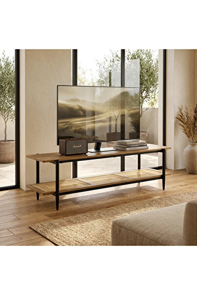 Al Hadaya Mall Brown Plasma Table in Wood and Iron Modern Design-Brown and Bl...