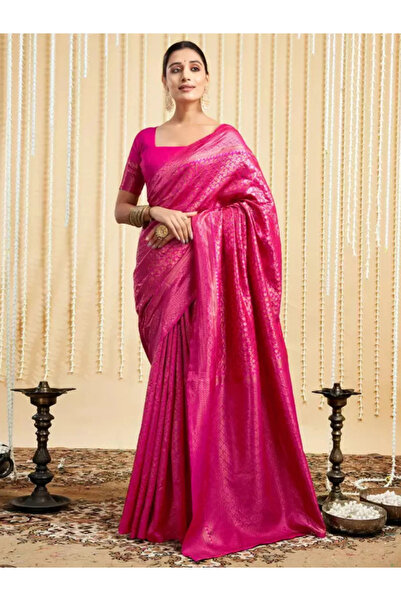 MYSMAR Magenta Pink Lichi Silk Soft Banarasi Zari Saree - FFT9593 | Magenta P...