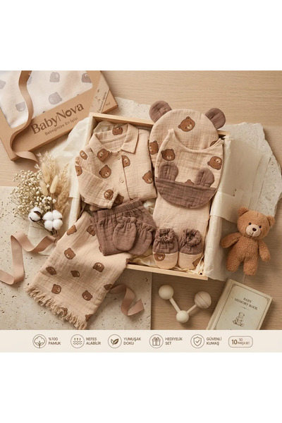 babyist Babynova Teddy Bear Patterned 10-Piece Muslin Newborn Hospital Discha...