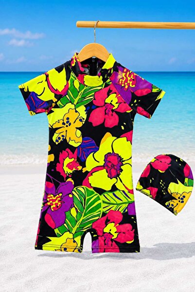 CHİCKİDSWEAR Girl's Full Body Swimsuit with Back Zipper, Digital Printed Boneli