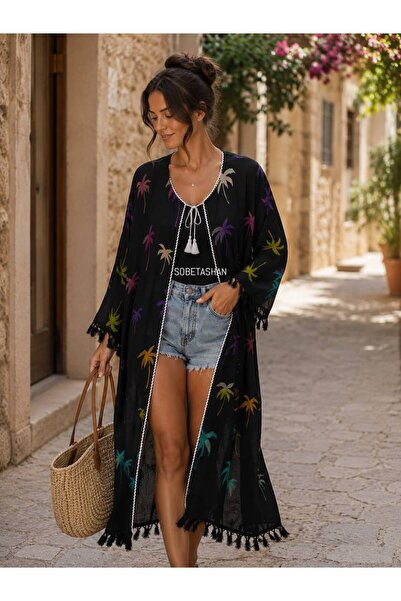 Sobe Hediyelik Black Palm Tree Patterned Kaftan Kimono