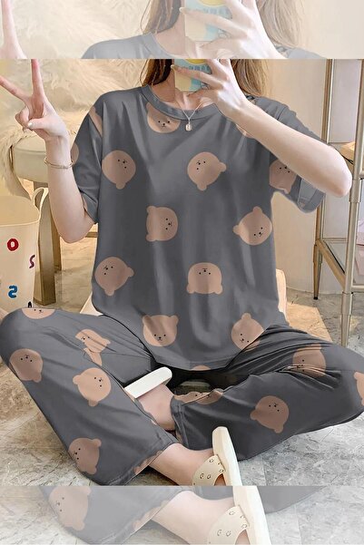Cauwins Kısa Kollu Pijama Takımı BearGri Supersoft Basic Süprem