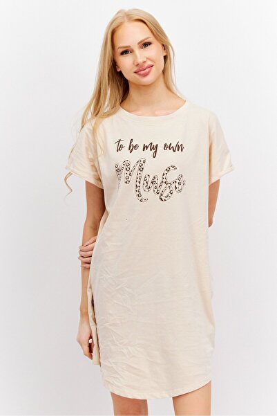 Sinsay Women Short Sleeves Graphic Printed Night Dress, Beige