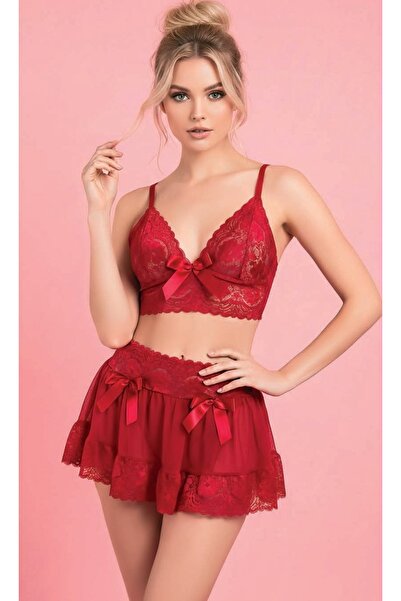 FeraShowroom Kadın Kırmızı Dantel Bralet Ve Tül Fırfırlı Etek Fantazi İç Giyi...