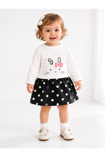 N-IVORYY Girl's Black and White Polka Dot Dress – 95% Cotton, Two-Thread Rais...