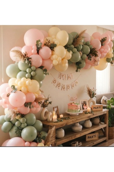 Çemrek Süs Parti Küf yeşili makaron pembe sarı balon zinciri seti 100 lü