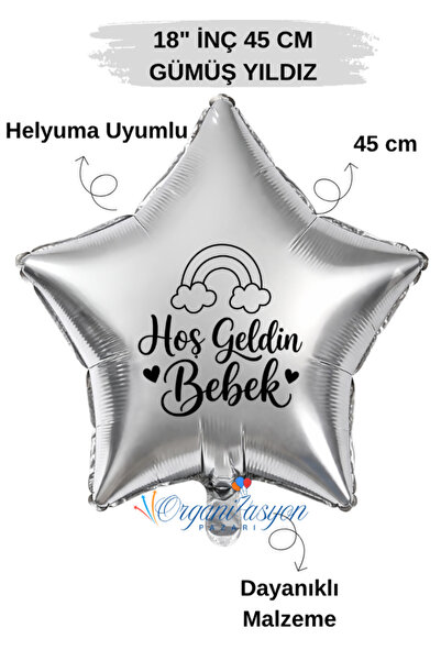 Organizasyon Pazarı 18 Inch Silver Star Foil Balloon |   Welcome Baby Rainbow...