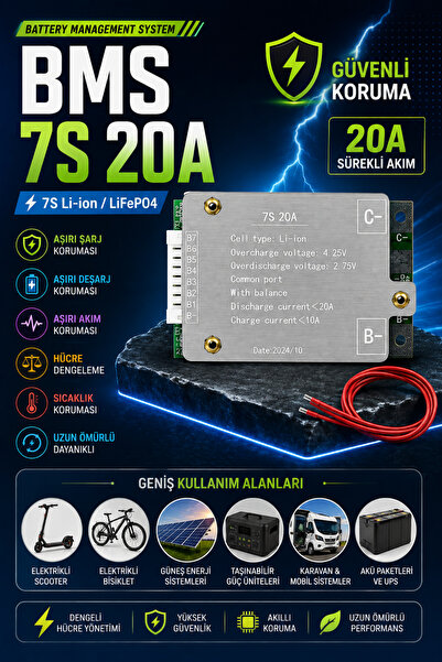 RoboPazar BMS 7S 20A Li-ion Batarya Koruma ve Dengeleme Kartı – 25.9V 7 Hücre Battery Management System