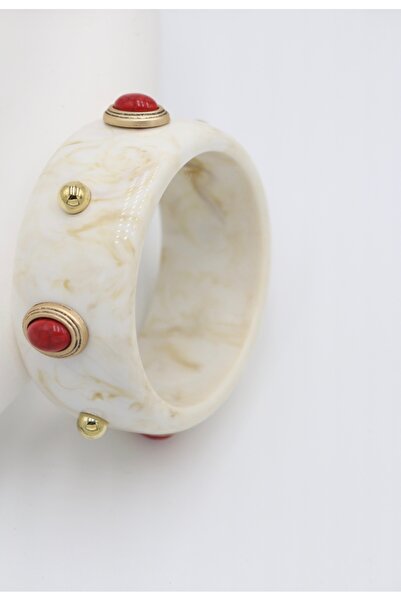 LARANTE JEWELRY Ekru Renkli Kırmızı Taş Detaylı Kemik Bilezik
