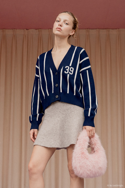 Quzu V-Neck Striped 89 Patterned Knitwear Cardigan Navy Blue