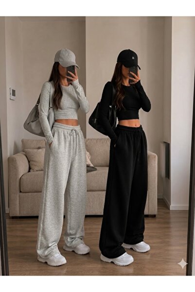 JULİA MODA 2'Li Baggy Kadın Eşofman Altı (Siyah-Gri) Tarz Sahibi Kadınların T...