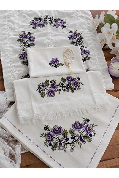 Sarelibutik Gardenya İpek Kumaş Kanaviçe İşlemeli 5 Parça Çeyizlik Seccade ve...